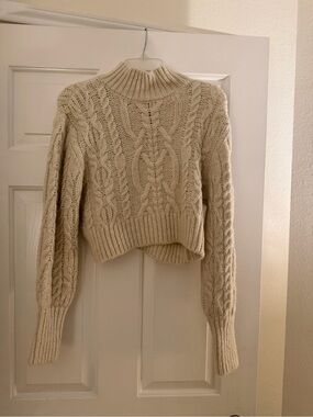 MANGO Cable Knit Mock Neck Crop Sweater in Cream